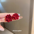Red Fabric Flower and Bow Statement Earrings Statement Jewelry view 4