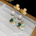 Green Crystal Floral Pearl Drop Stud Earrings Fashion Jewelry view 3