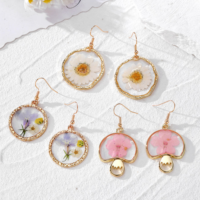 Gold Pressed Flower Resin Drop Earrings Mushroom Daisy 4 Styles
