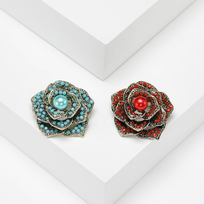 Beaded Rose Brooch With Pearl Center in Red or Turquoise