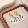 Green Floral Leaf Gold Tone Long Dangle Stud Earrings view 3