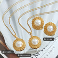 Openwork Circle Faux Pearl Pendant Necklace Stud Earrings view 2
