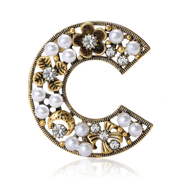 Pearl Floral Letter C Brooch Decorative Metal Pin For Jackets And Lapels