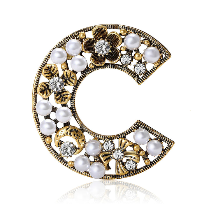 Pearl Floral Letter C Brooch Decorative Metal Pin For Jackets And Lapels