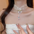 White Lace Embroidered Bow Tassel Bead Choker Necklace view 3