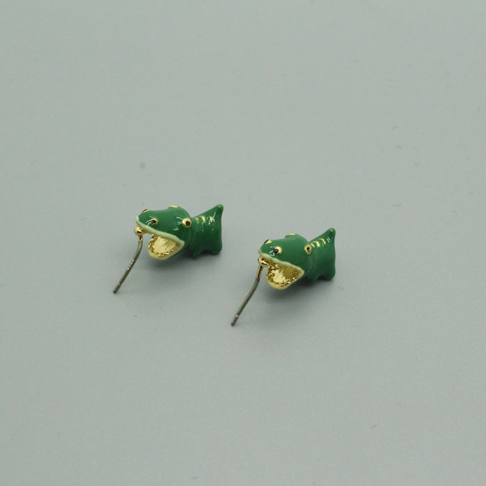 Green Crocodile Figural Stud Earrings with Gold Tone Mouth Detail