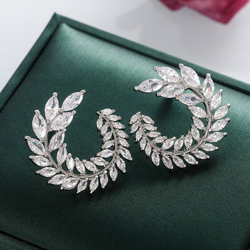 Crystal Leaf Wreath Statement Stud Earrings Polished Metal Earrings