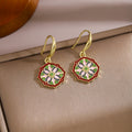 Colorful Rosette Medallion Gold Long Hook Earrings view 3