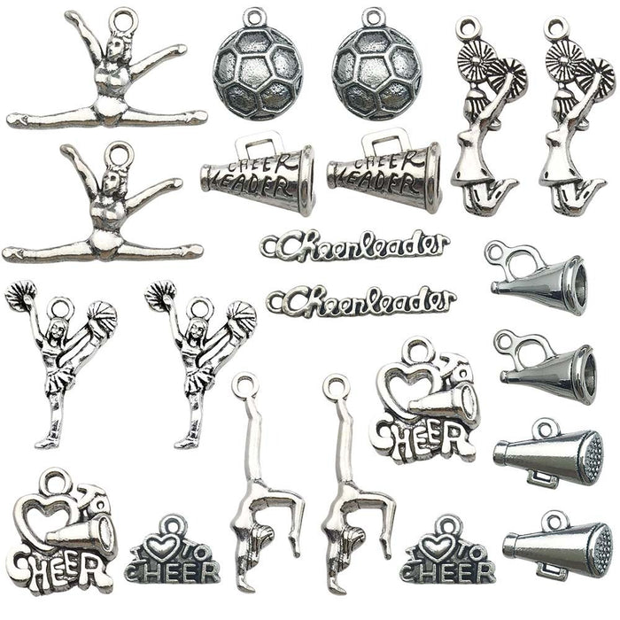 Antique Silver Cheerleader and Football Metal Charms with 12 Listed Options