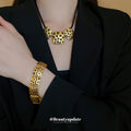 Gold Tone Three Plate Necklace With Small Black Flower Pattern view 3