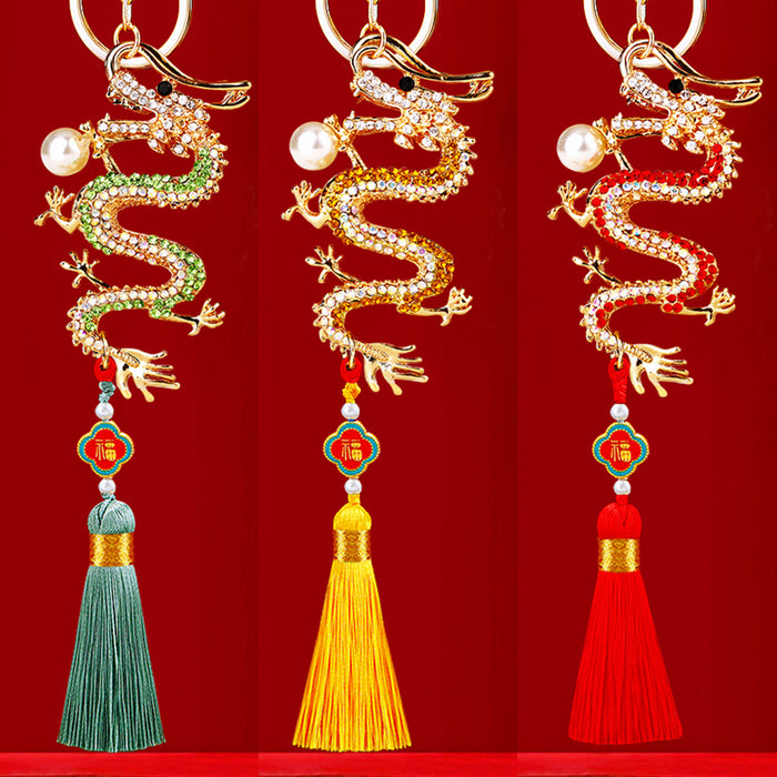 Pearl Chinese Dragon Keychains in Tassel and Plain Constructions