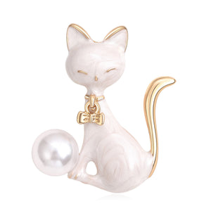 Sitting Cat Brooch Pin with Pearl-Look Ball, White or Black Enamel, Gold-Tone Alloy