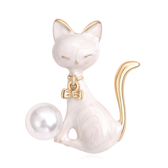 Cat and Pearl Brooch with Polished Metal and Decorative Accents