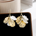 White Petal Gold Leaf Hoop and Hook Dangle Earrings view 4