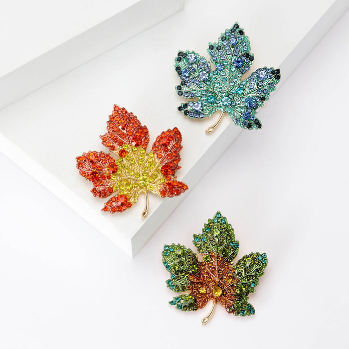 Rhinestone Maple Leaf Brooch Green Blue Red Crystal Styles