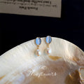 Gold Tone Pale Blue Oval Cat Eye And Baroque Pearl Stud Earrings view 3