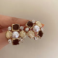 Pearl and Crystal Mosaic Square Stud Earrings in Two Colors view 1
