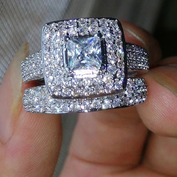 Square Center Stone Double Halo Three Piece Ring Set