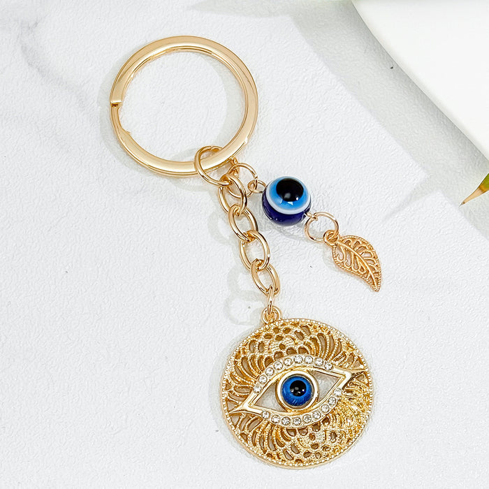 Rhinestone Evil Eye Charm Keychain With Leaf Accent