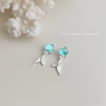 Silver Tone Aqua Round Stone And Mermaid Tail Stud Earrings