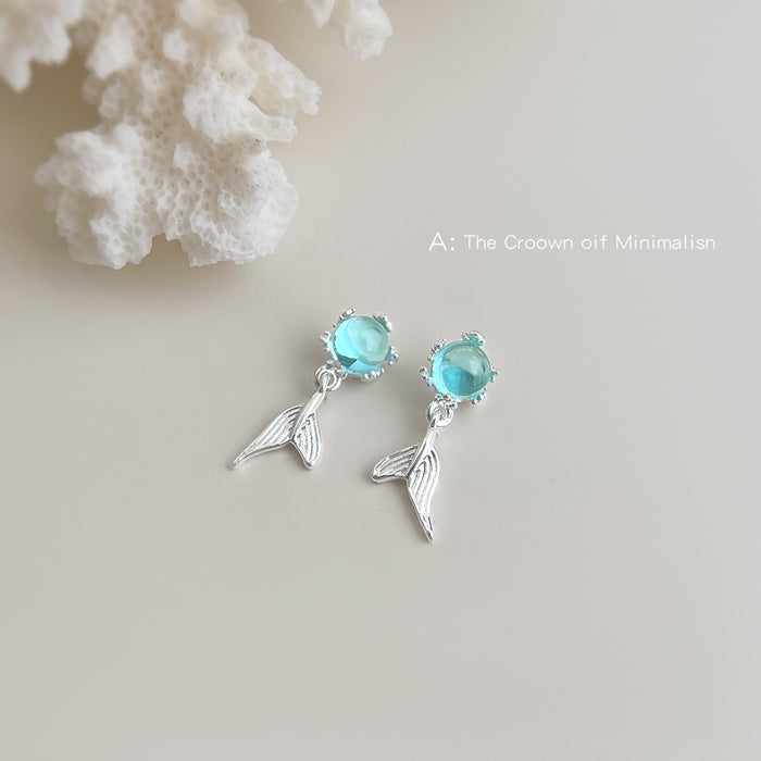 Silver Tone Aqua Round Stone And Mermaid Tail Stud Earrings