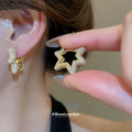 Silver Tone Rhinestone Double Star Huggie Earrings view 3