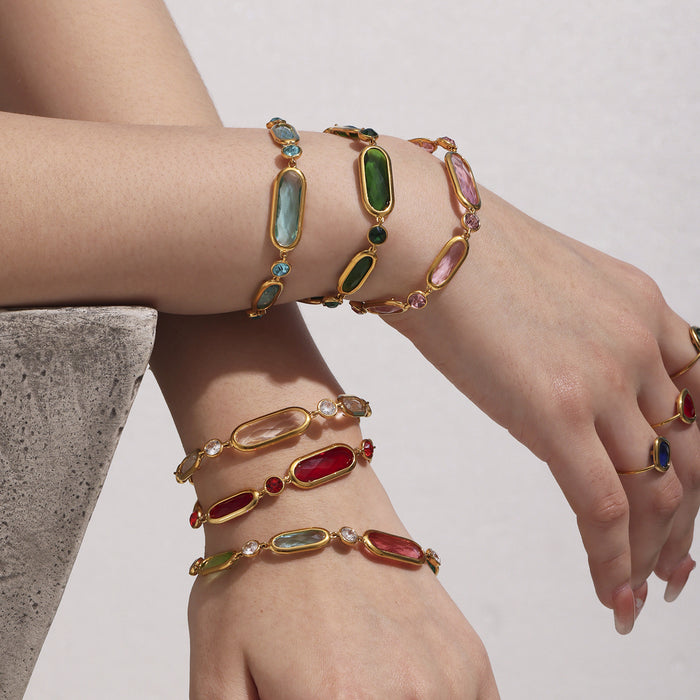Gold Oval Czech Glass Stone Link Bracelet Multi Colors