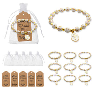 White Cross Bead Stretch Bracelet with Gold-Tone Enamel Cross Charm