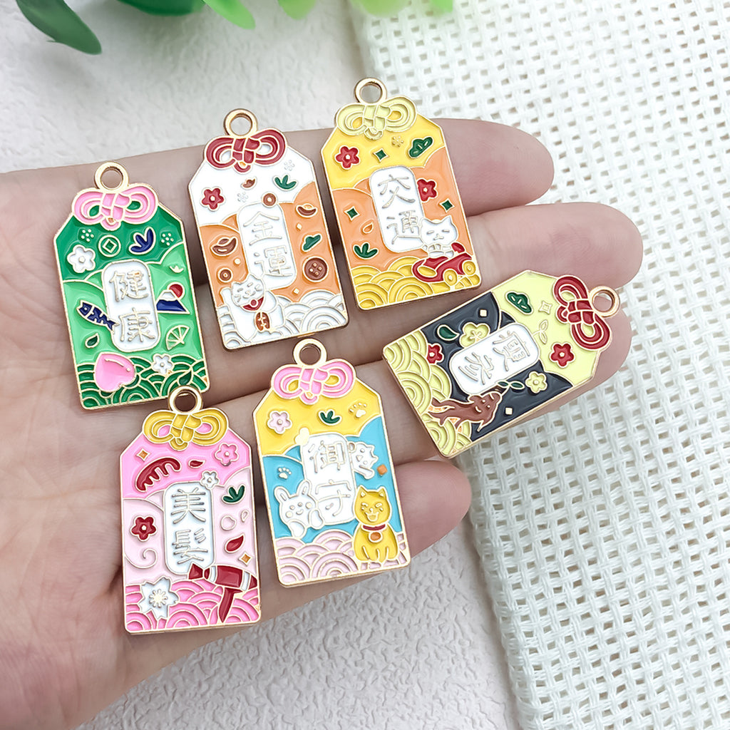 K Gold Zinc Alloy Japanese Fortune Plaque Enamel Charm Pendant for DIY Earrings Keychain