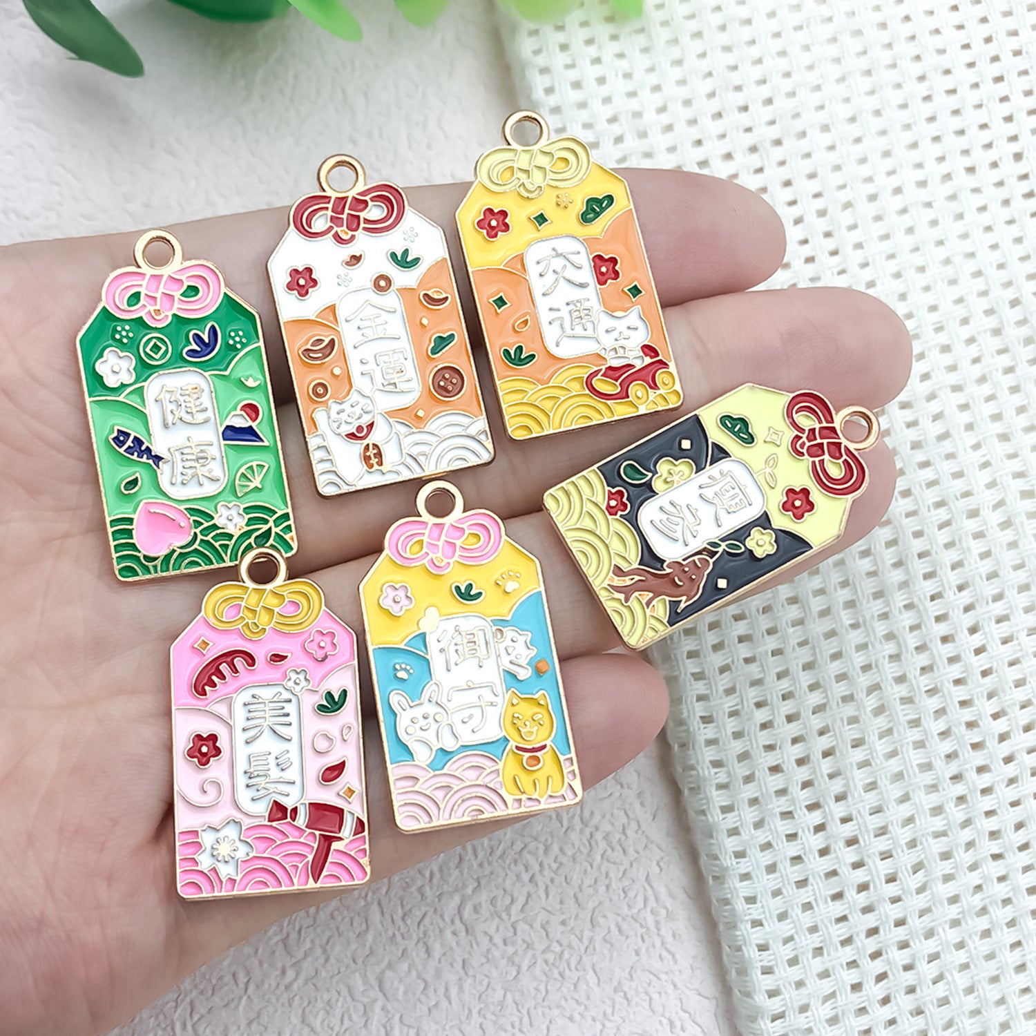 K Gold Zinc Alloy Japanese Fortune Plaque Enamel Charm Pendant for DIY Earrings Keychain