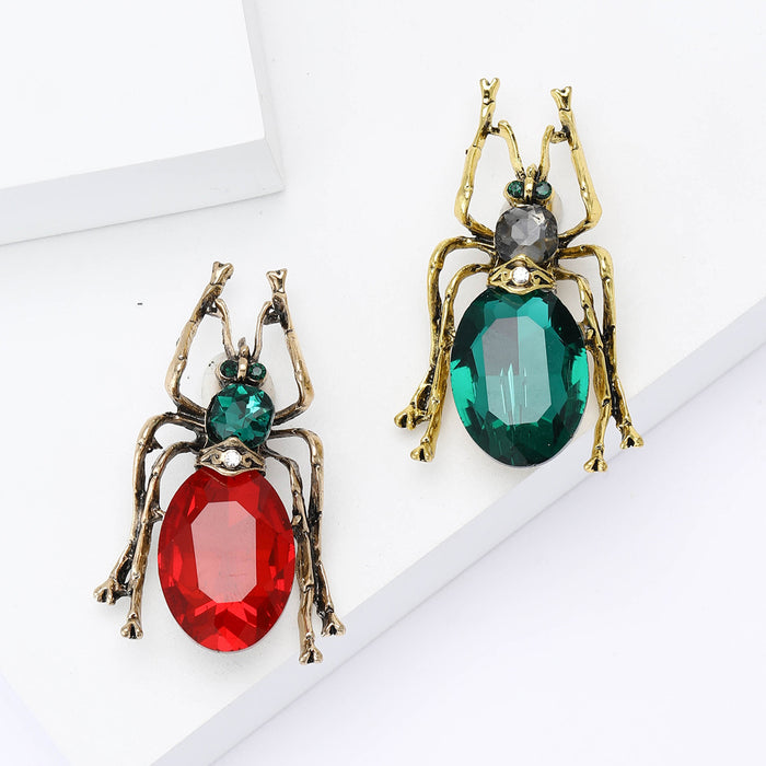 Antique Gold Beetle Brooch Green or Red Glass Body Two Styles