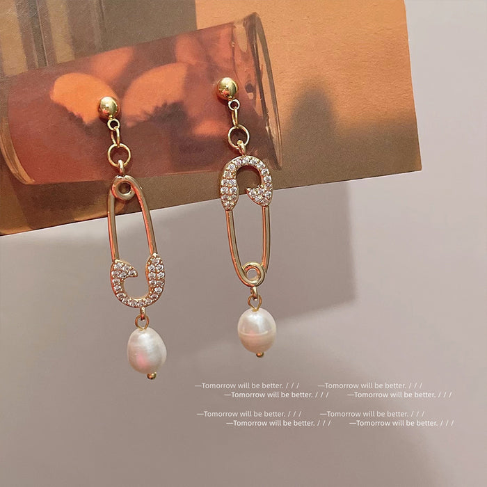 Gold-Tone Safety Pin Drop Earrings CZ Pave Pearl Dangles
