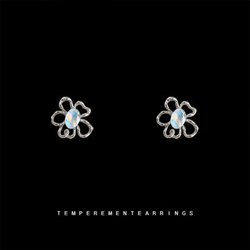 Silver Hollow Flower Stud Earrings Opalescent Oval Crystal