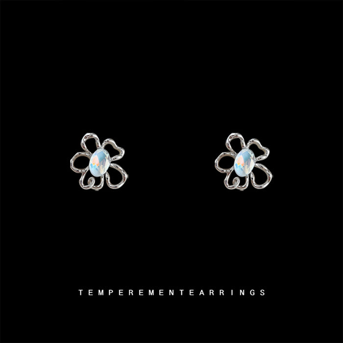 Silver Hollow Flower Stud Earrings Opalescent Oval Crystal
