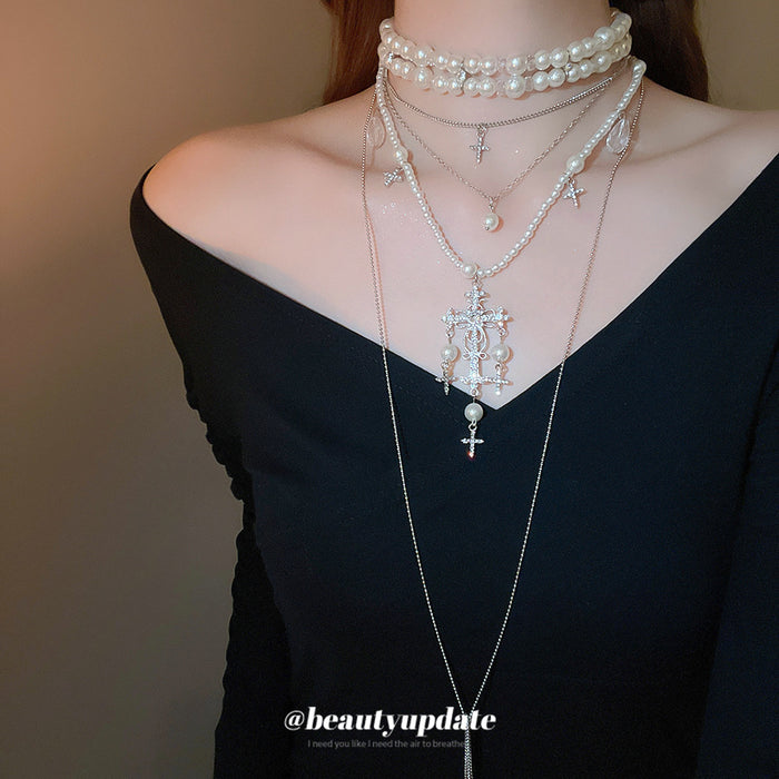 Pearl Cross Layered Silver Tone Necklace Set Jewelry Design