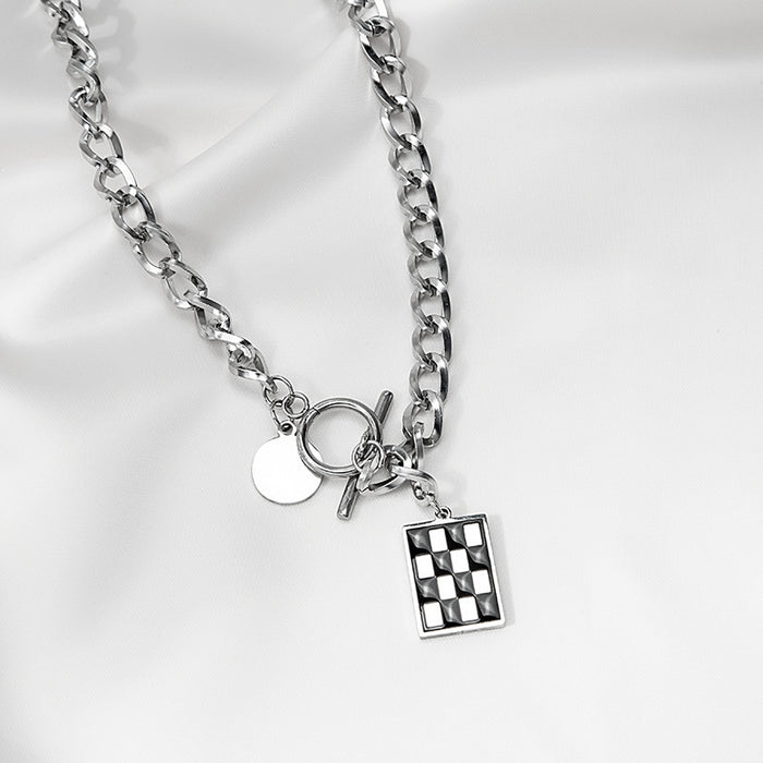 Silver Curb Chain Checkered Square Pendant Toggle Necklace