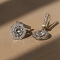 Silver Tone Round Stone Double Halo Dangle Earrings view 2