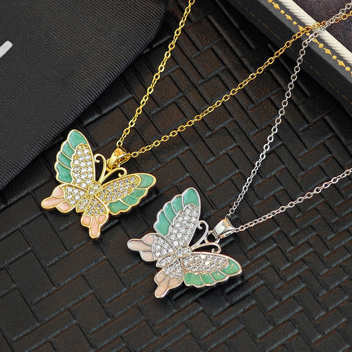Multicolor Butterfly Pendant Necklace in Gold and Silver Tones