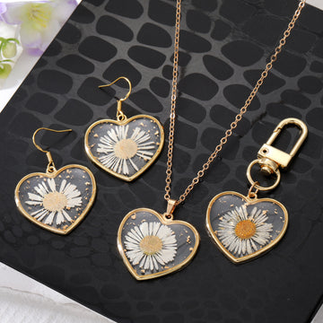 Gold Tone Pressed Daisy Heart Earrings Necklace and Clip Keychain