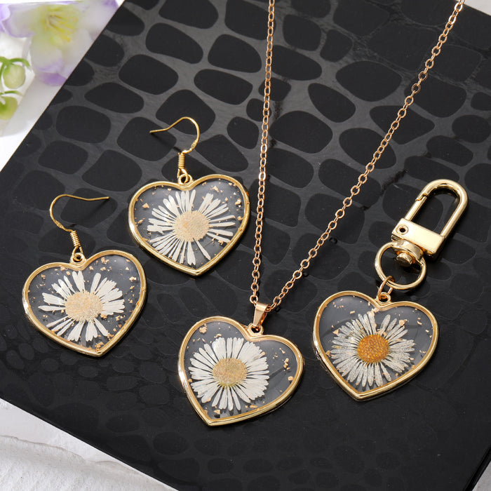 Gold Tone Pressed Daisy Heart Earrings Necklace and Clip Keychain
