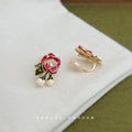Pink Enamel Flower Stud Earrings Crystal Bud Leaf Drop view 7