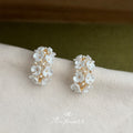 Gold Tone White Pearlescent Flower Cluster Half Hoop Stud Earrings view 4