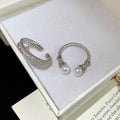 Silver Dual Pearl Open Ring CZ Pave Band Two Piece Set view 6