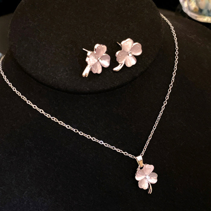 Silver Cat Eye Clover Flower Necklaces Bracelets Studs Six Color Styles
