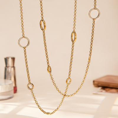 Hanging gold long chains with open and zircon-edged circular links