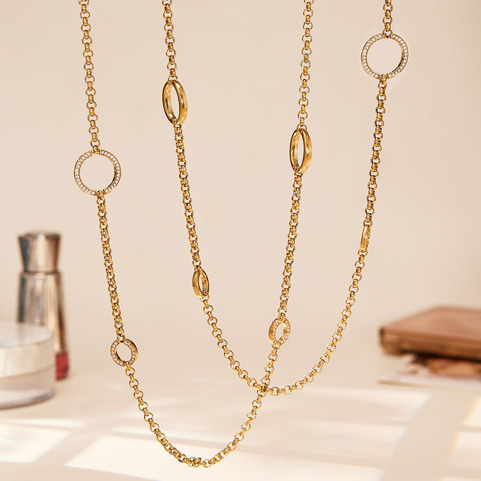 Gold Stainless Steel Long Chain Necklace With Zircon Circles