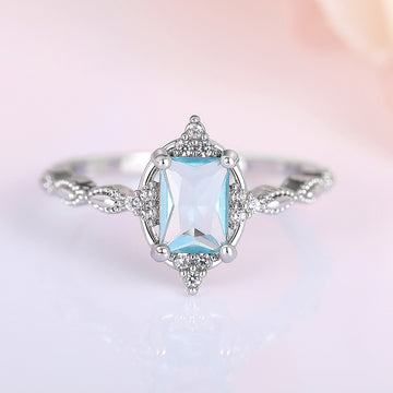Pale Blue Rectangular Solitaire Floral Slim Ring In Silver Tone