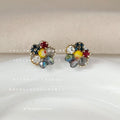 Gold Tone Multicolor Faceted Stone Flower Cluster Stud Earrings view 2