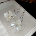 White Flower And Crystal Curved Long Dangle Earrings view 6