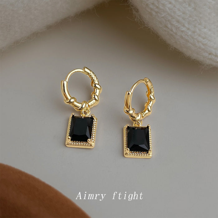 Gold Bamboo Huggie Black Square Stone Drop Earrings